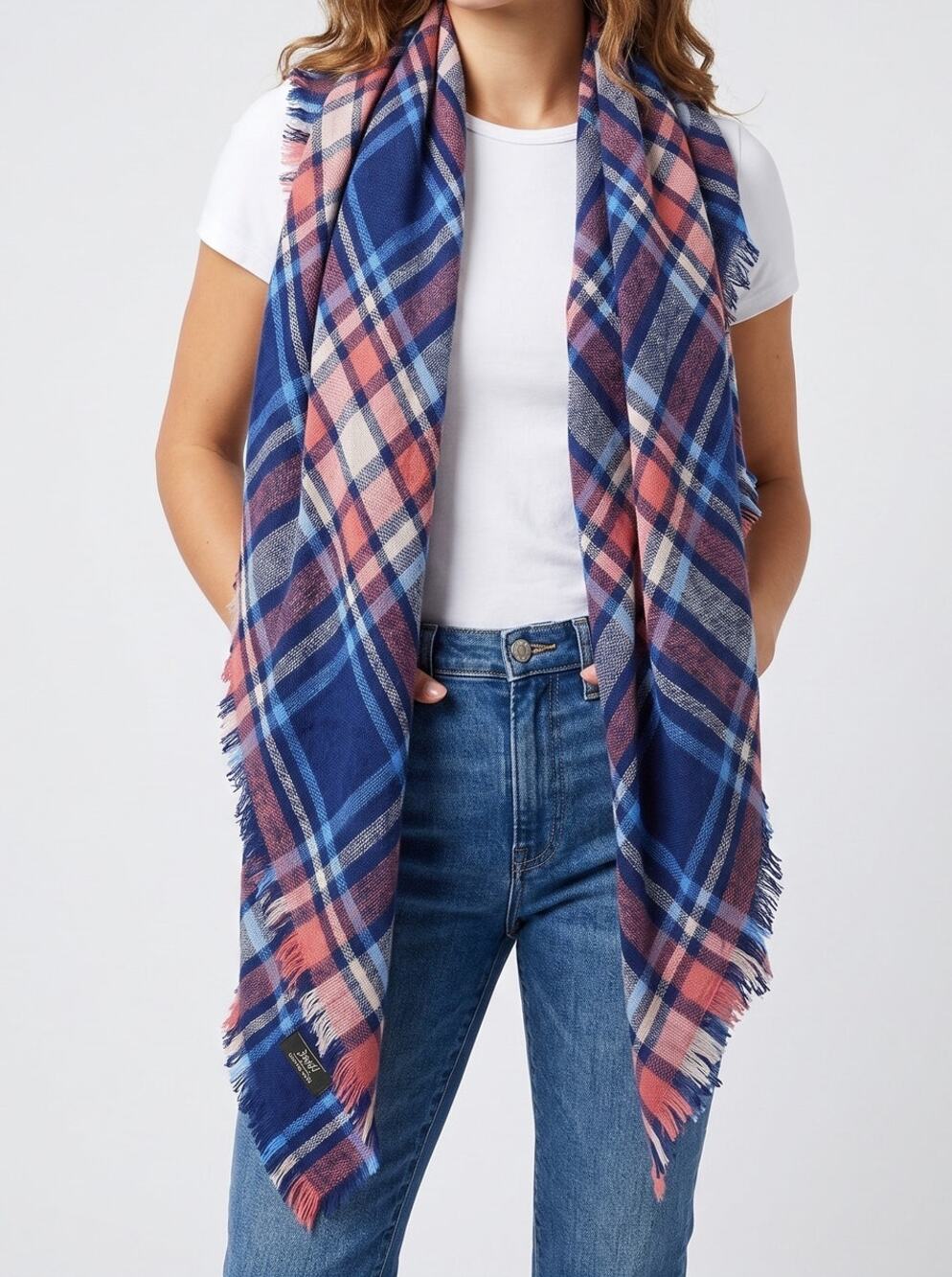 Live & Ique Blanket Plaid Scarf with A Bit of Fringe 35" x 70" Blue Orange